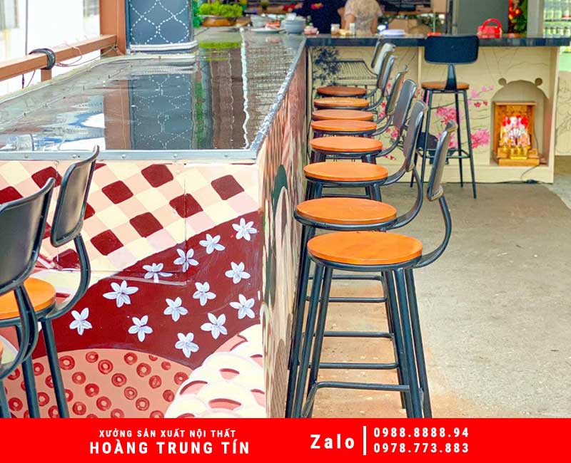Bộ Ghế Bar Chân Sắt Mặt Gỗ Tròn Có Tựa - HTT096